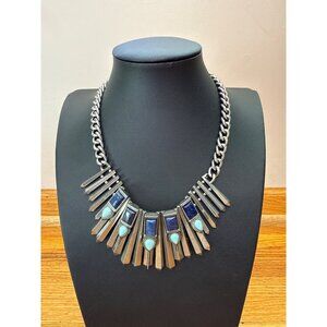 Chunky Silver-Tone Chain Necklace With Blue & Turquoise Geometric Accents